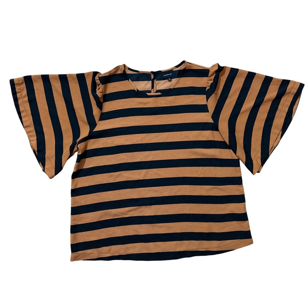 Who What Wear Flutter‎ Sleeve Blouse Striped Top Womens Large Camel Brown Black